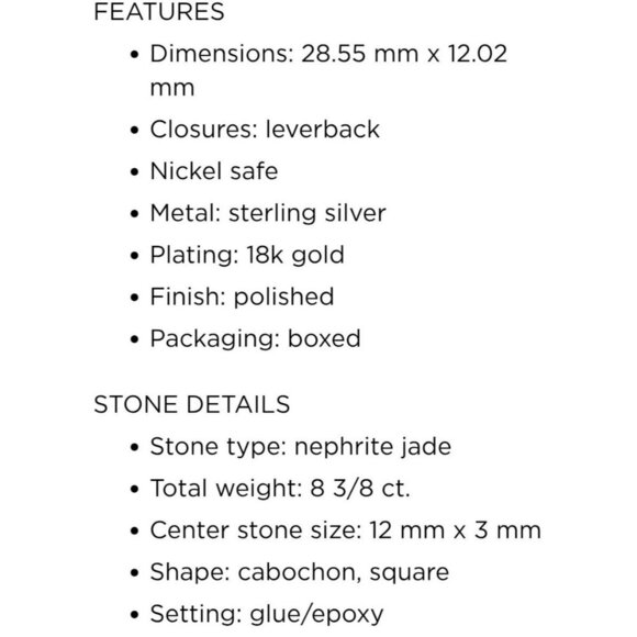 Dynasty ✦ Nephrite Jade Square Drops ✦ 18k Gold Over 925 Silver Earrings NWT - Picture 16 of 17